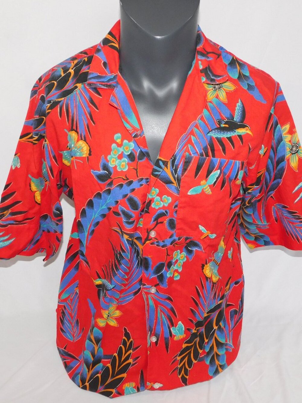 VTG Morningstar Red Tropical Bird Butterfly Mens L Hawaiian Button front Shirt
